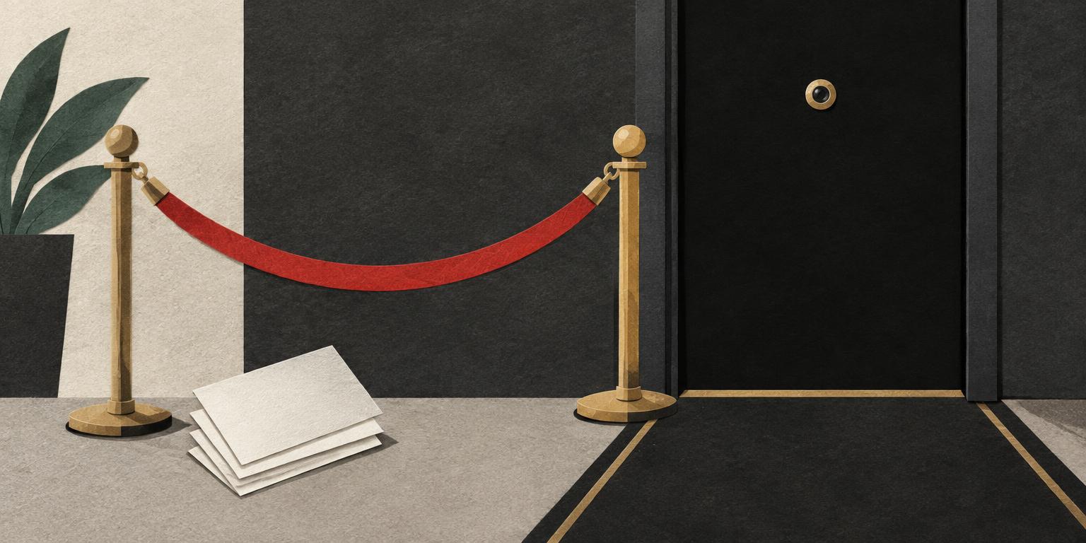 Evidence cards waiting at a velvet rope in front of a closed door